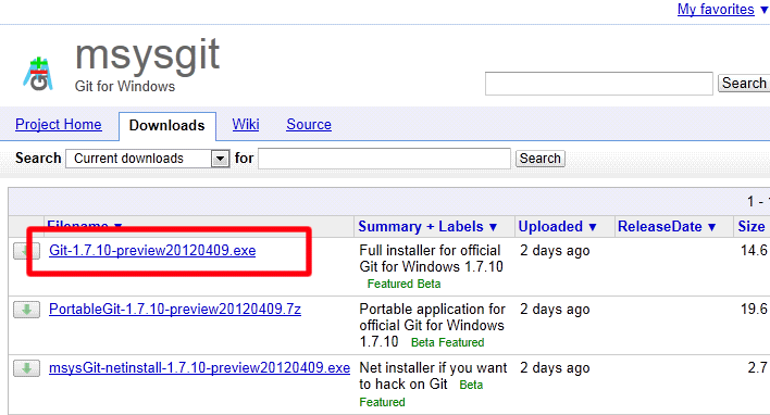 msysGit ダウンロード一覧